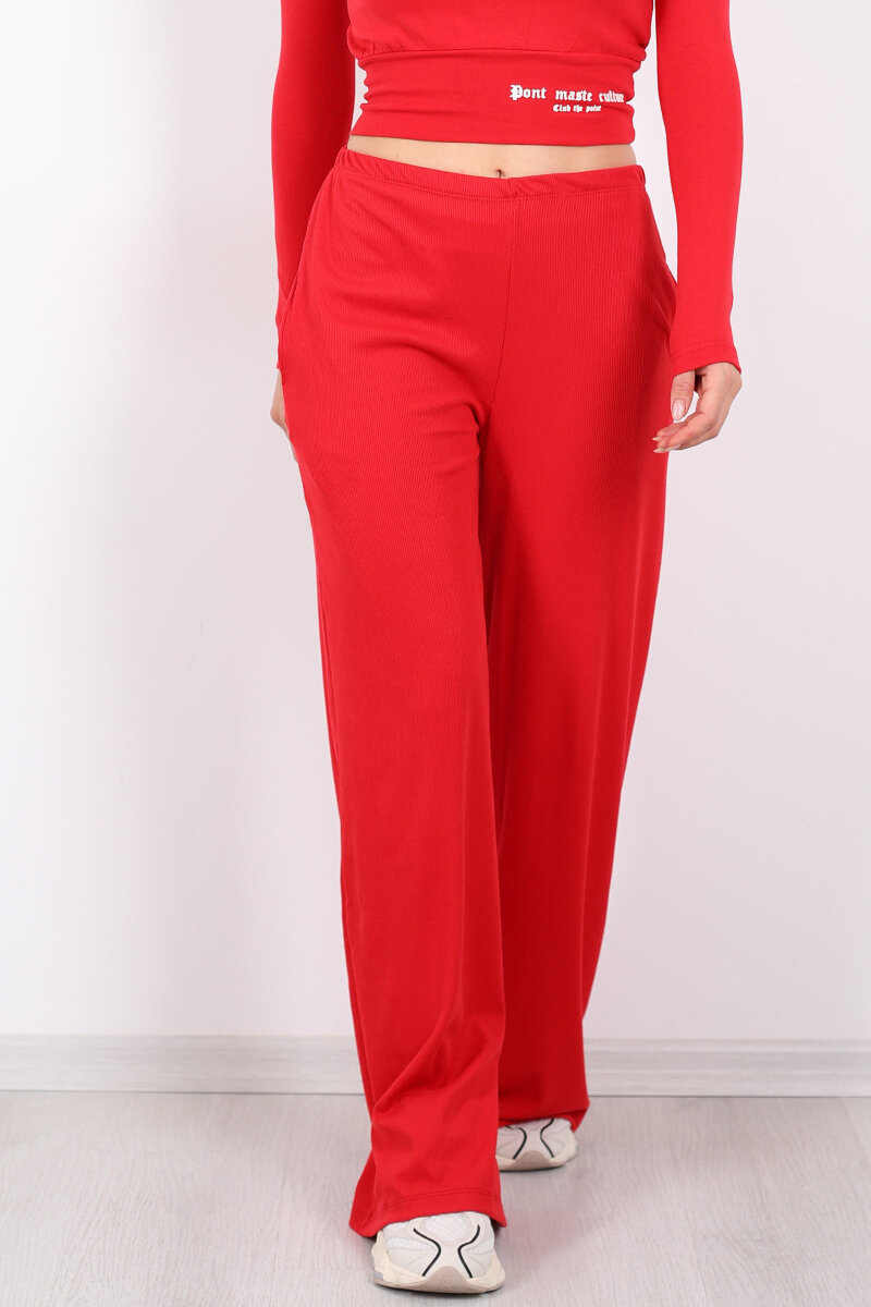 Beli Lastikli Kadife Kırmızı Kadın Bol Paça Pantolon - 2
