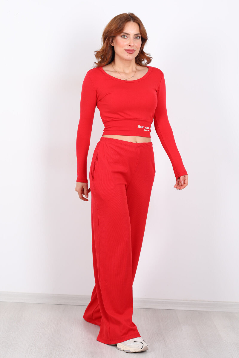 Beli Lastikli Kadife Kırmızı Kadın Bol Paça Pantolon - 1