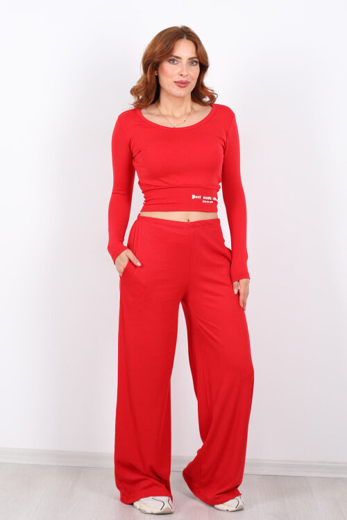 Beli Lastikli Kadife Kırmızı Kadın Bol Paça Pantolon - 6