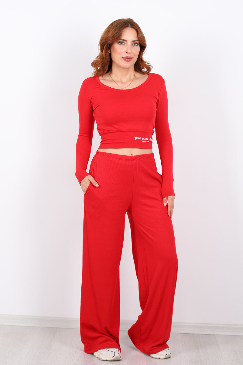 Beli Lastikli Kadife Kırmızı Kadın Bol Paça Pantolon - 6