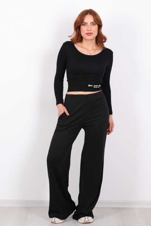 Beli Lastikli Kadife Siyah Kadın Bol Paça Pantolon - 4