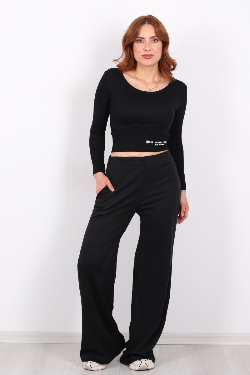 Beli Lastikli Kadife Siyah Kadın Bol Paça Pantolon - 4