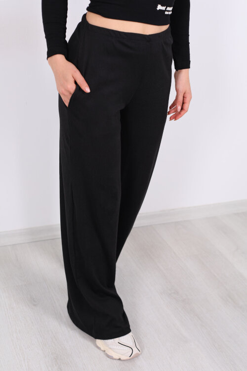 Beli Lastikli Kadife Siyah Kadın Bol Paça Pantolon - Berox (1)