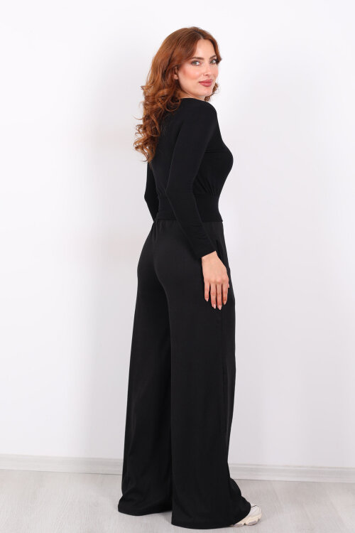 Beli Lastikli Kadife Siyah Kadın Bol Paça Pantolon - 5