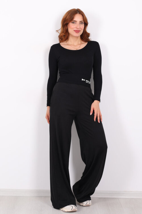 Beli Lastikli Kadife Siyah Kadın Bol Paça Pantolon - Berox