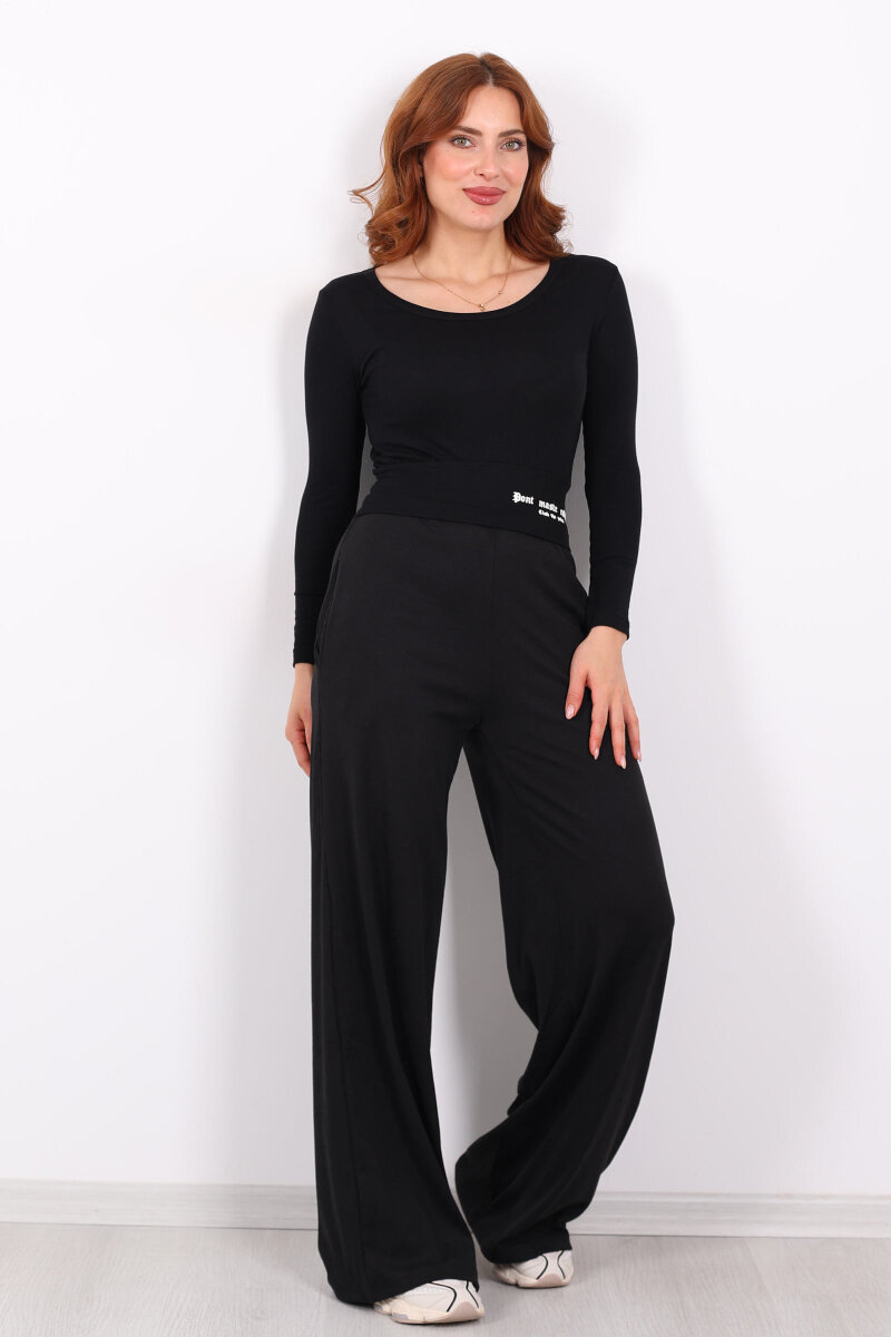 Beli Lastikli Kadife Siyah Kadın Bol Paça Pantolon - 1