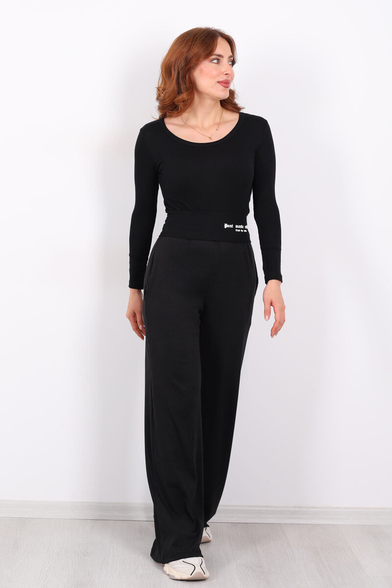 Beli Lastikli Kadife Siyah Kadın Bol Paça Pantolon - 3