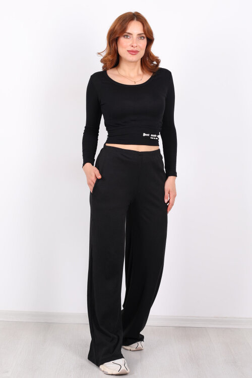 Beli Lastikli Kadife Siyah Kadın Bol Paça Pantolon - 6