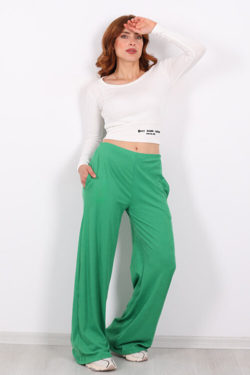 Beli Lastikli Kadife Yeşil Kadın Bol Paça Pantolon - 3