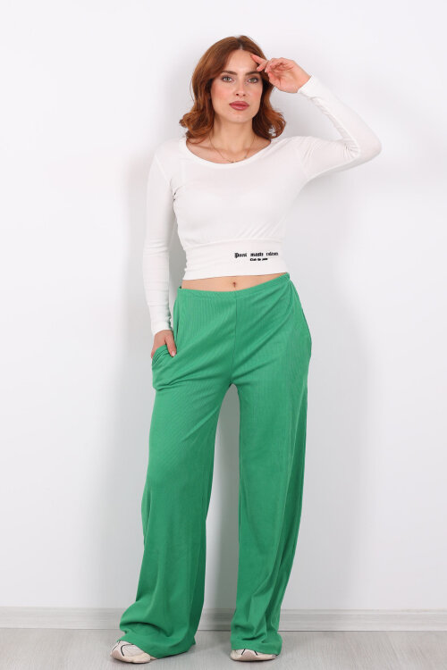 Beli Lastikli Kadife Yeşil Kadın Bol Paça Pantolon - 6