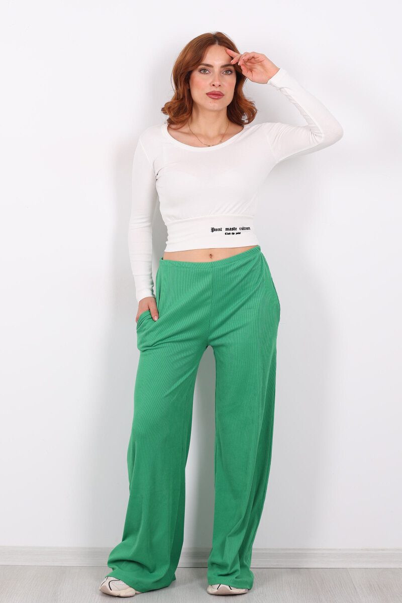 Beli Lastikli Kadife Yeşil Kadın Bol Paça Pantolon - 6