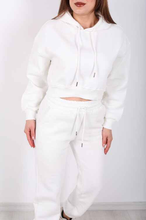 Beli Lastikli Kapüşonlu Üç İplik Beyaz Kadın Sweat Takım - Berox (1)