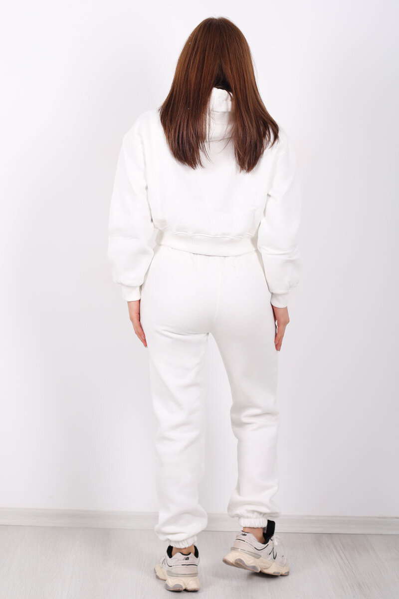 Beli Lastikli Kapüşonlu Üç İplik Beyaz Kadın Sweat Takım - 5