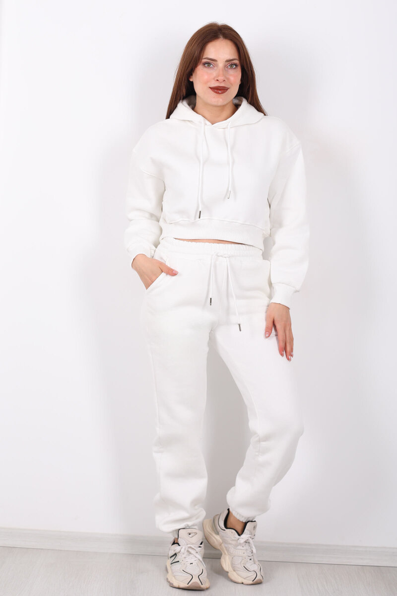 Beli Lastikli Kapüşonlu Üç İplik Beyaz Kadın Sweat Takım - 1