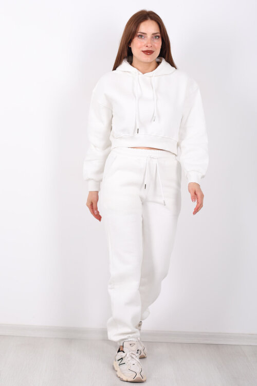 Beli Lastikli Kapüşonlu Üç İplik Beyaz Kadın Sweat Takım - 4