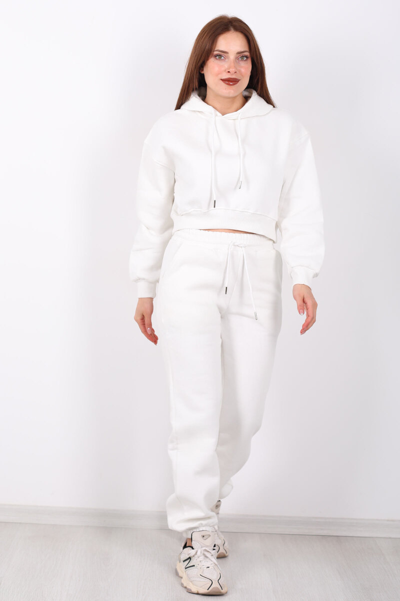 Beli Lastikli Kapüşonlu Üç İplik Beyaz Kadın Sweat Takım - 4