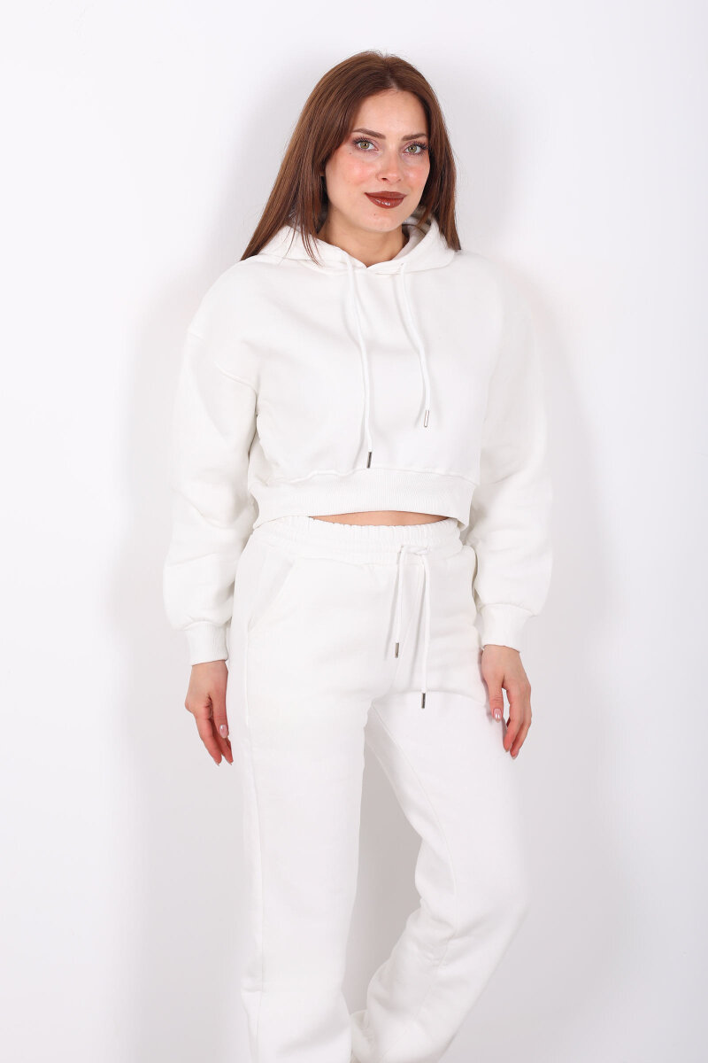 Beli Lastikli Kapüşonlu Üç İplik Beyaz Kadın Sweat Takım - 6