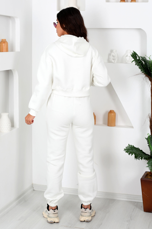 Beli Lastikli Kapüşonlu Üç İplik Beyaz Kadın Sweat Takım - 4