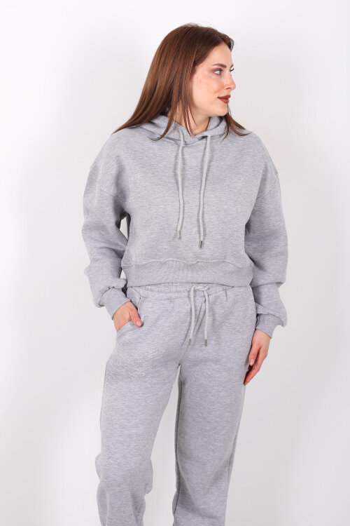 Beli Lastikli Kapüşonlu Üç İplik Gri Kadın Sweat Takım - 4
