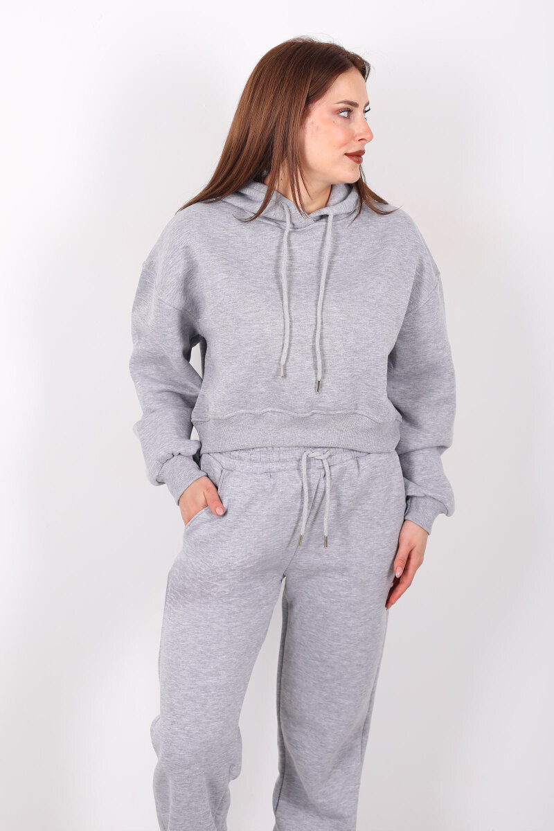 Beli Lastikli Kapüşonlu Üç İplik Gri Kadın Sweat Takım - 4