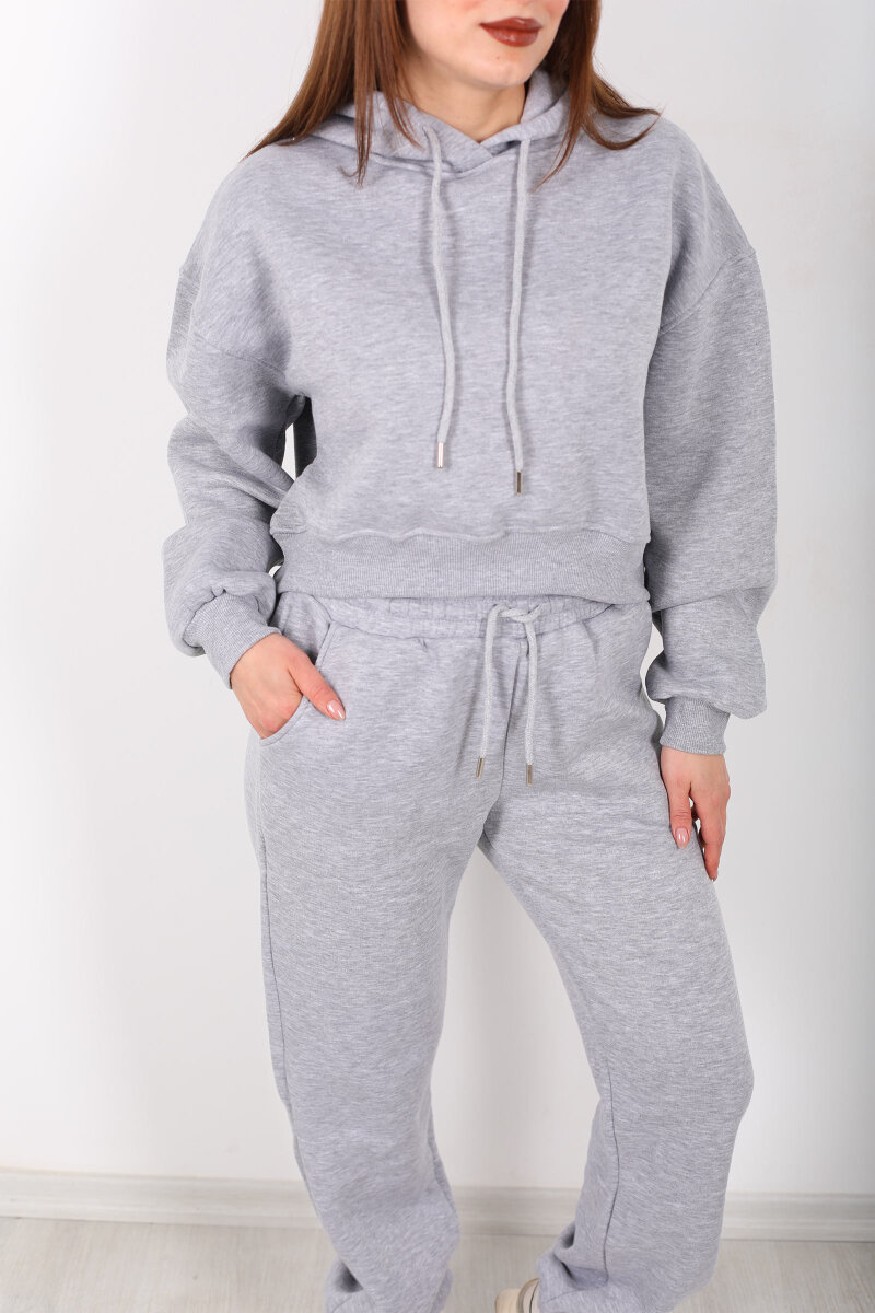 Beli Lastikli Kapüşonlu Üç İplik Gri Kadın Sweat Takım - 2