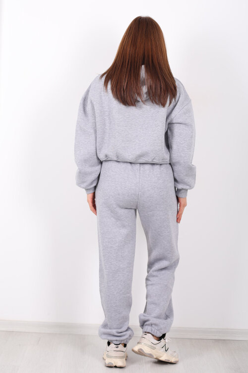 Beli Lastikli Kapüşonlu Üç İplik Gri Kadın Sweat Takım - 5
