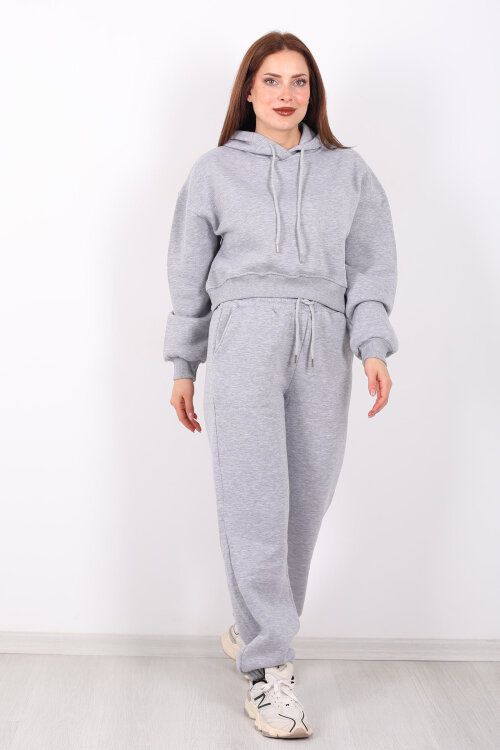 Beli Lastikli Kapüşonlu Üç İplik Gri Kadın Sweat Takım - 3