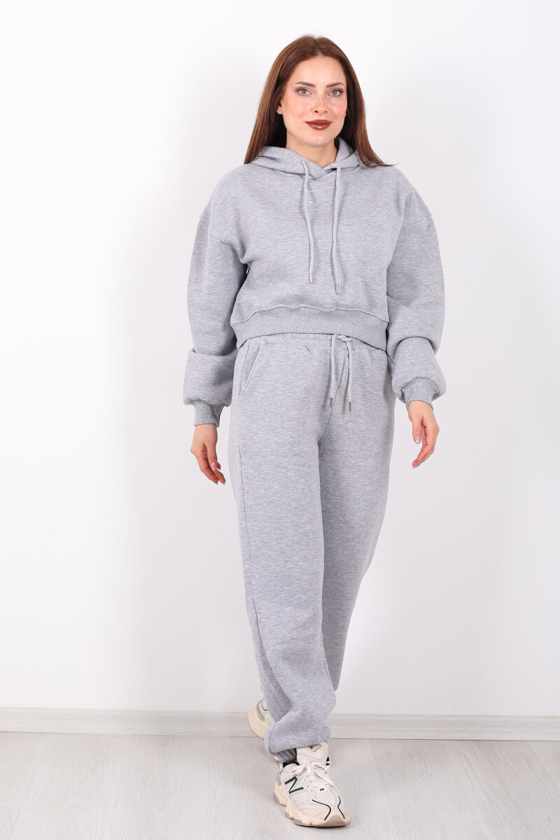 Beli Lastikli Kapüşonlu Üç İplik Gri Kadın Sweat Takım - 3