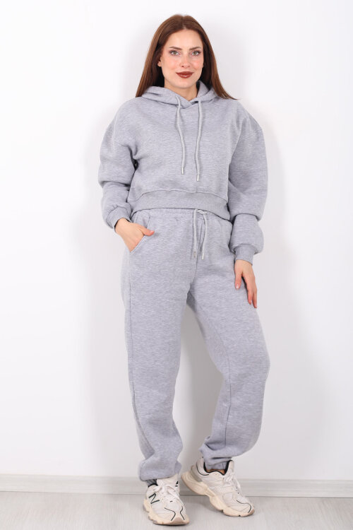 Beli Lastikli Kapüşonlu Üç İplik Gri Kadın Sweat Takım - 6