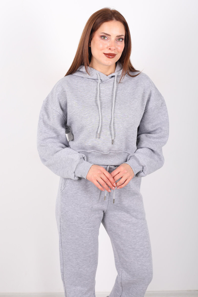 Beli Lastikli Kapüşonlu Üç İplik Gri Kadın Sweat Takım - 1
