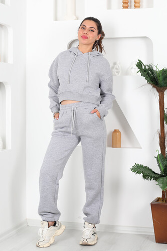 Beli Lastikli Kapüşonlu Üç İplik Gri Kadın Sweat Takım - Berox