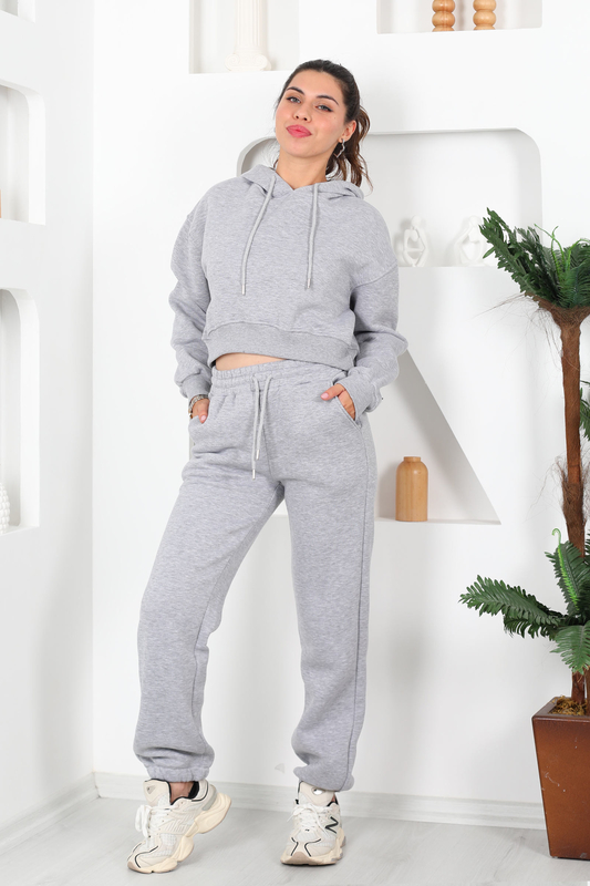 Beli Lastikli Kapüşonlu Üç İplik Gri Kadın Sweat Takım - 1