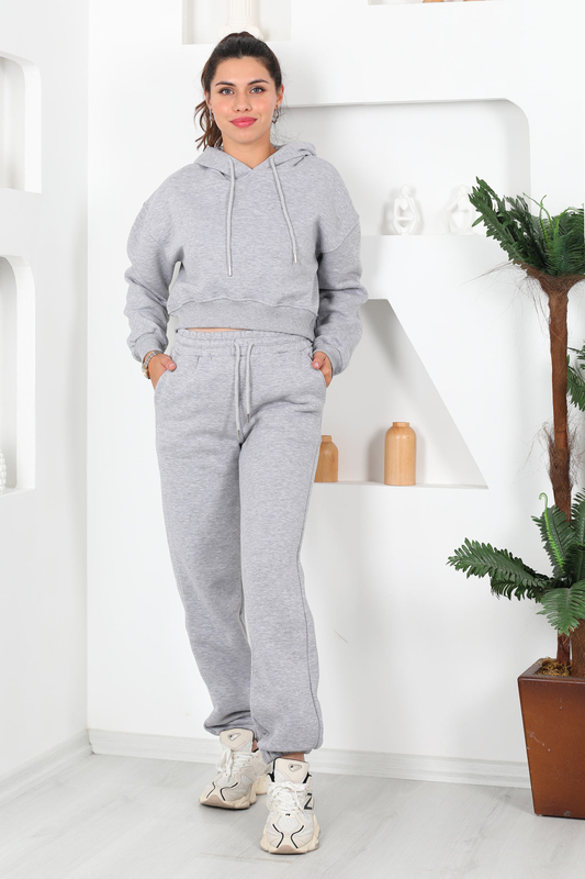 Beli Lastikli Kapüşonlu Üç İplik Gri Kadın Sweat Takım - 2