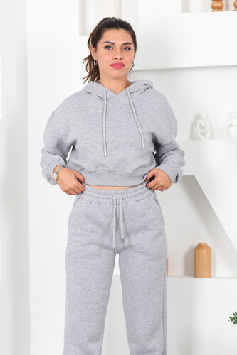 Beli Lastikli Kapüşonlu Üç İplik Gri Kadın Sweat Takım - 3
