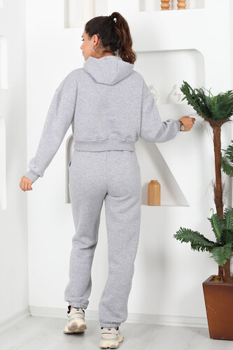 Beli Lastikli Kapüşonlu Üç İplik Gri Kadın Sweat Takım - 4
