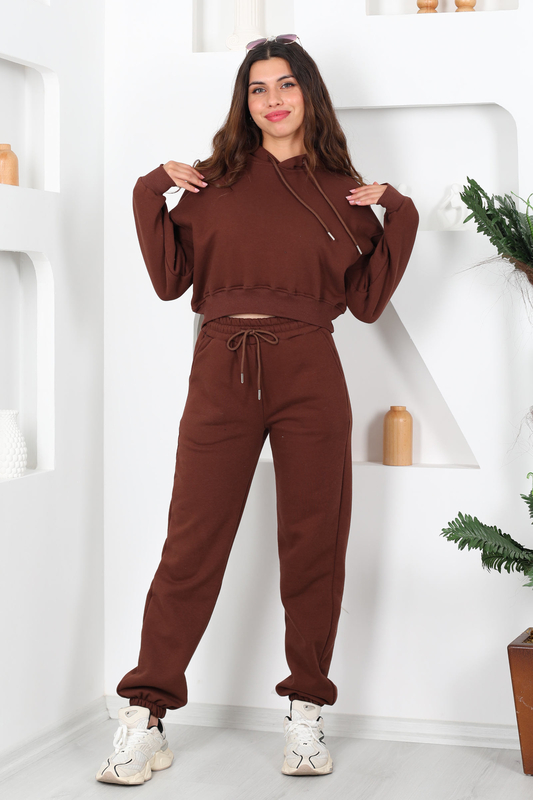 Beli Lastikli Kapüşonlu Üç İplik Kahverengi Kadın Sweat Takım - 1
