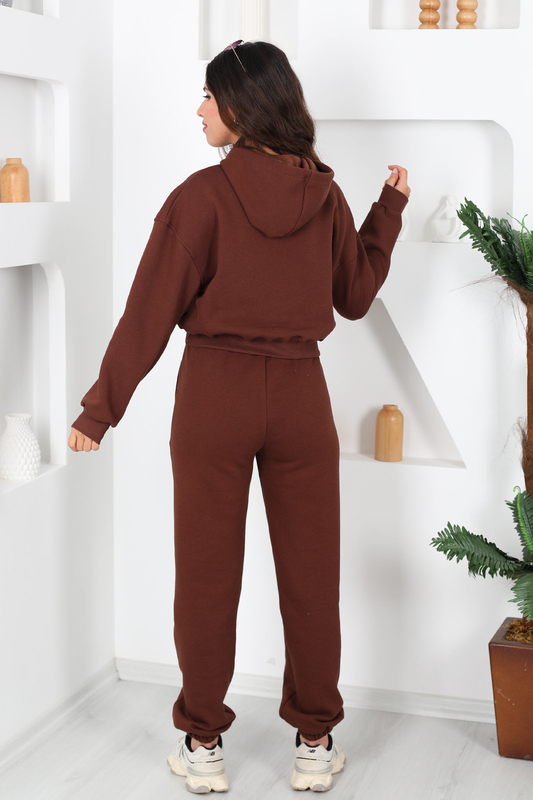 Beli Lastikli Kapüşonlu Üç İplik Kahverengi Kadın Sweat Takım - 4