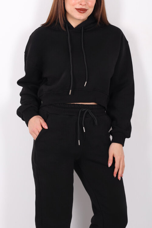 Beli Lastikli Kapüşonlu Üç İplik Siyah Kadın Sweat Takım - Berox (1)