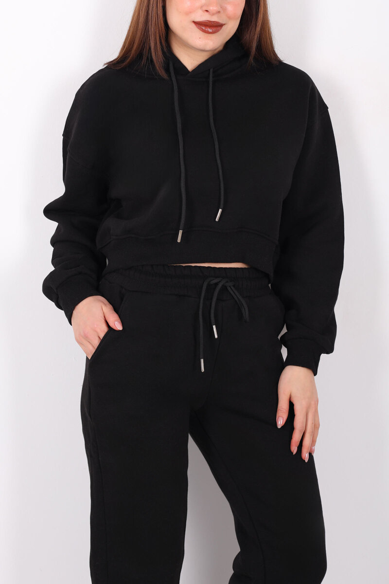 Beli Lastikli Kapüşonlu Üç İplik Siyah Kadın Sweat Takım - 2