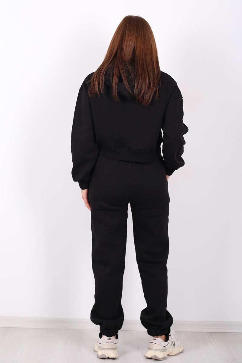 Beli Lastikli Kapüşonlu Üç İplik Siyah Kadın Sweat Takım - 5