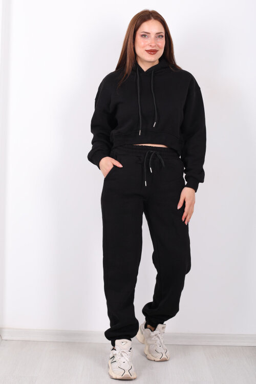Beli Lastikli Kapüşonlu Üç İplik Siyah Kadın Sweat Takım - 6