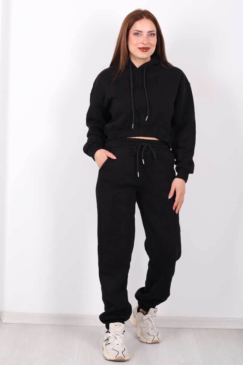 Beli Lastikli Kapüşonlu Üç İplik Siyah Kadın Sweat Takım - 6