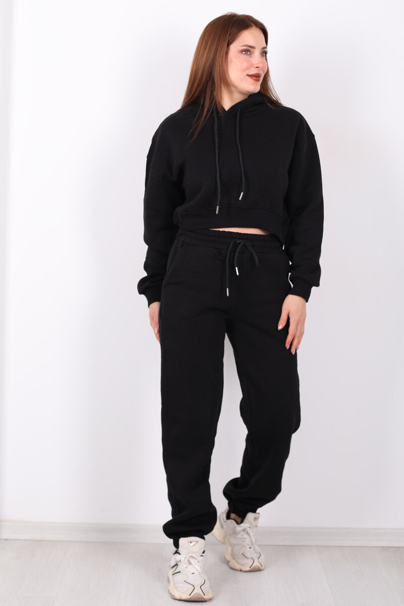 Beli Lastikli Kapüşonlu Üç İplik Siyah Kadın Sweat Takım - 3
