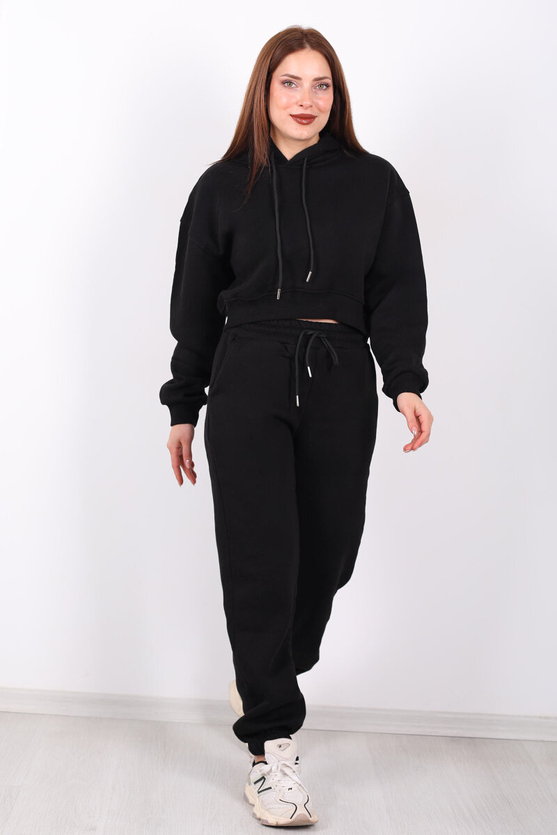 Beli Lastikli Kapüşonlu Üç İplik Siyah Kadın Sweat Takım - 4