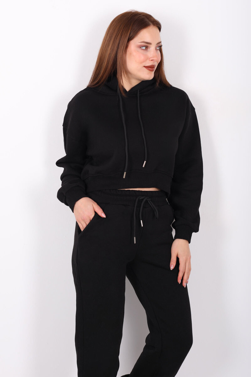 Beli Lastikli Kapüşonlu Üç İplik Siyah Kadın Sweat Takım - 1