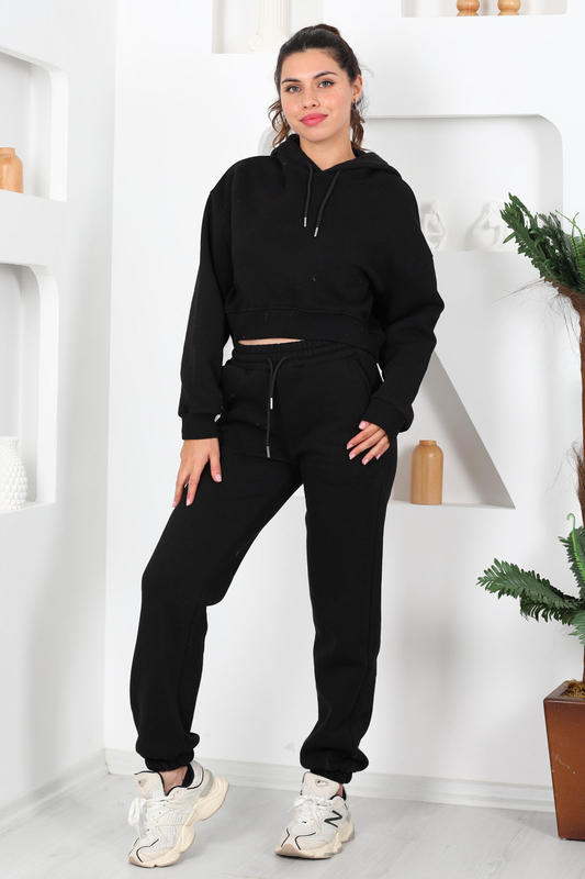 Beli Lastikli Kapüşonlu Üç İplik Siyah Kadın Sweat Takım - 2