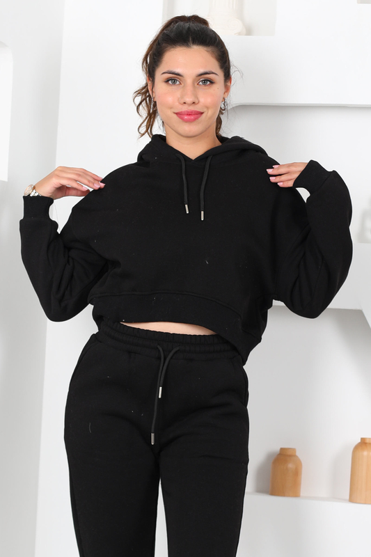 Beli Lastikli Kapüşonlu Üç İplik Siyah Kadın Sweat Takım - 3