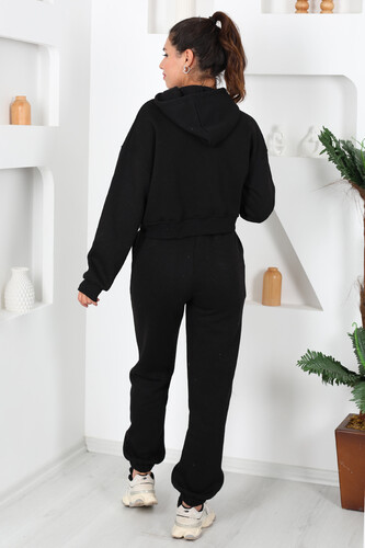 Beli Lastikli Kapüşonlu Üç İplik Siyah Kadın Sweat Takım - 4