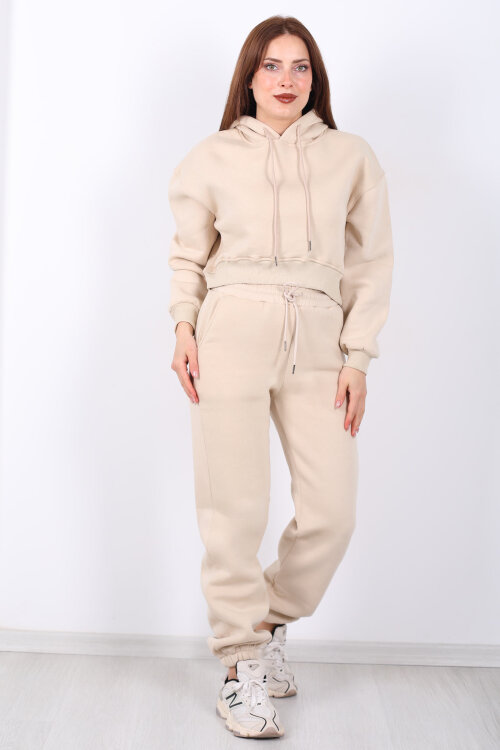 Beli Lastikli Kapüşonlu Üç İplik Taş Rengi Kadın Sweat Takım - 6