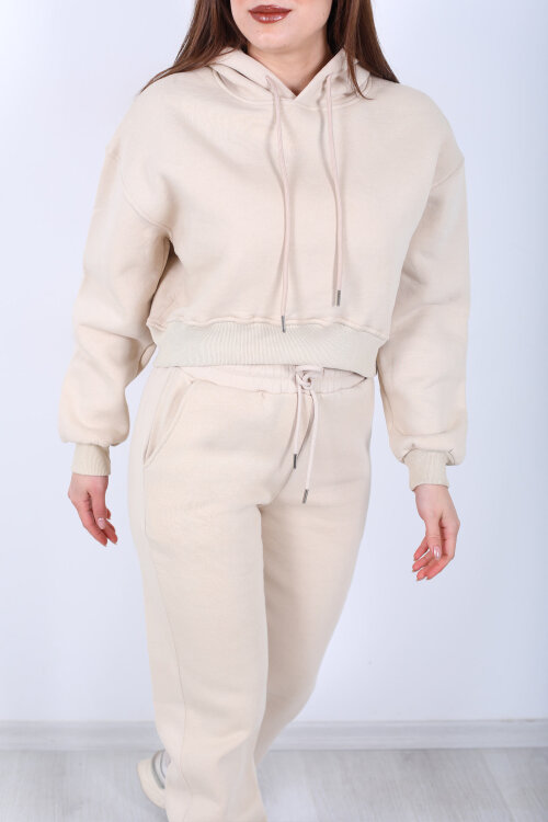 Beli Lastikli Kapüşonlu Üç İplik Taş Rengi Kadın Sweat Takım - Berox (1)